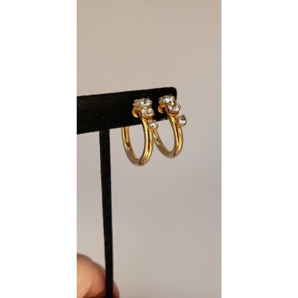 Vintage Antique Gold Hoop Earrings Rhinestones Non Pierced Push Back Clip - Picture 6 of 16